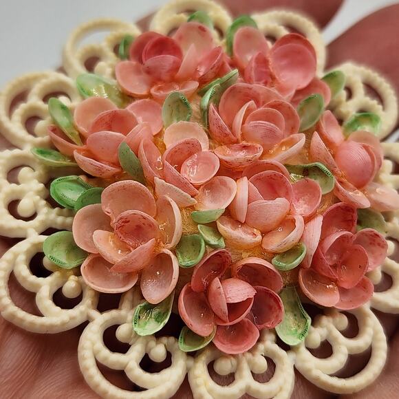 Celluloid Filigree Brooch w Pink Sea Shell Roses c. 1930s over 2" Spring Flowers - Picture 5 of 8